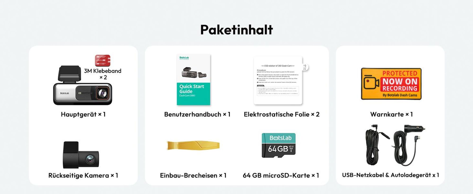 BOTSLAB Dashcam Auto Vorne Hinten, 4K Dashcamera Auto Dashkamera GPS WiFi, Dual Autokamera 64GB SD Karte, ADAS, Nachtsicht, 170°Weitwinkel, WDR, 2,45"