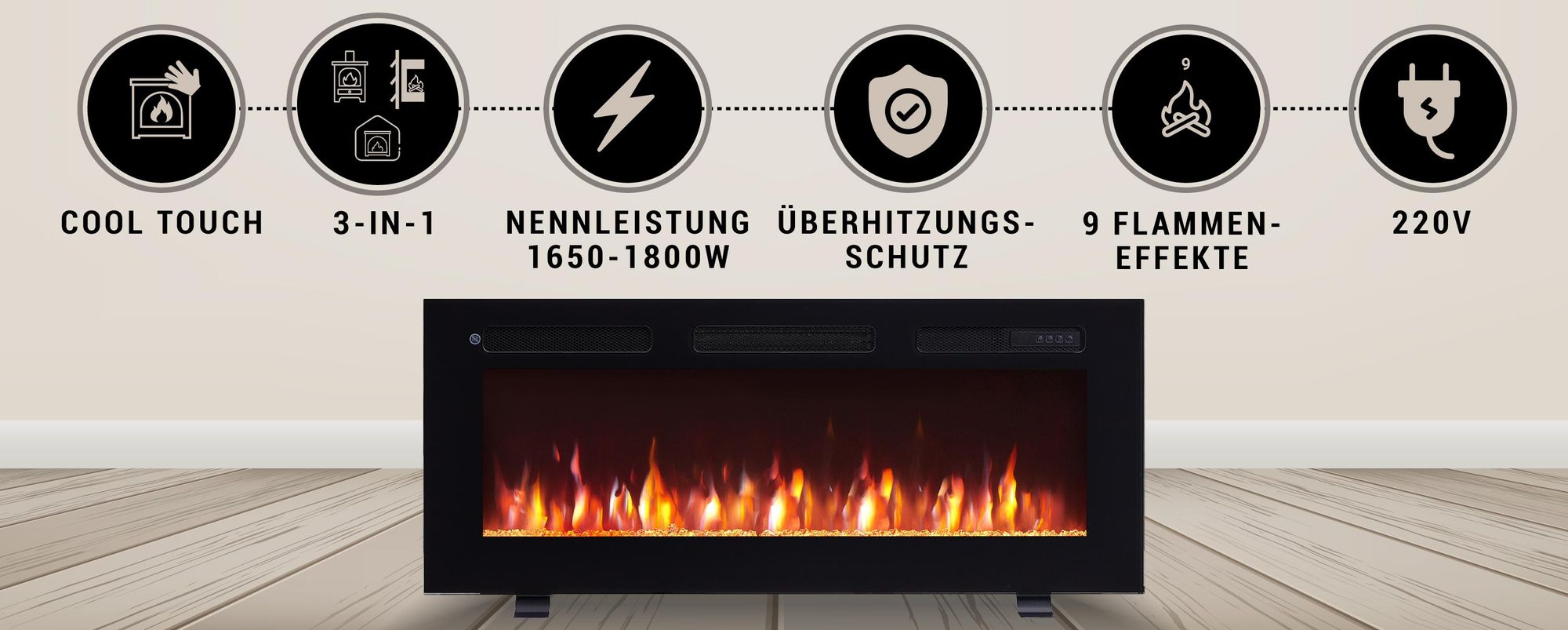BALDERIA Elektrokamin Leif 40" | 3in1 Stand/Wand/Einbaukamin, 3D-Flammeneffekt, dimmbar, Heizung 1800W, Timer, Thermostat, Startsteuerung | Schwarz
