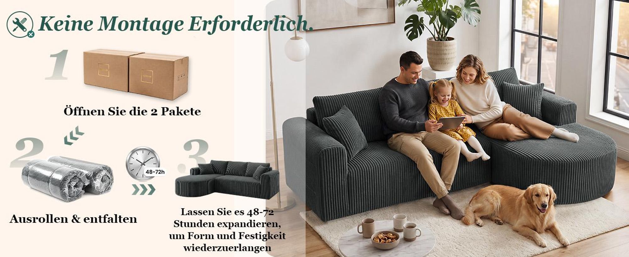 Sofa Ecksofa mit Schlaffunktion, Corduroy Modulares Boneless Couch mit Chaiselongue, L-Form Schlafsofa, Sektionssofas mit Kissen & Seitentaschen 243cm