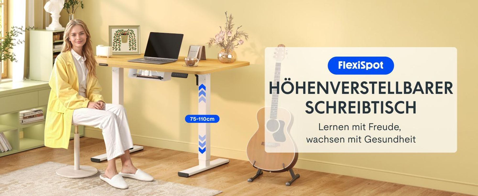 FLEXISPOT EN1 Höhenverstellbarer Schreibtisch 100x60cm elektrisch mit einteiliger Tischplatte, Kabelmanagement & Ablagefach, 4 Memory-Funktion (Ahorn)