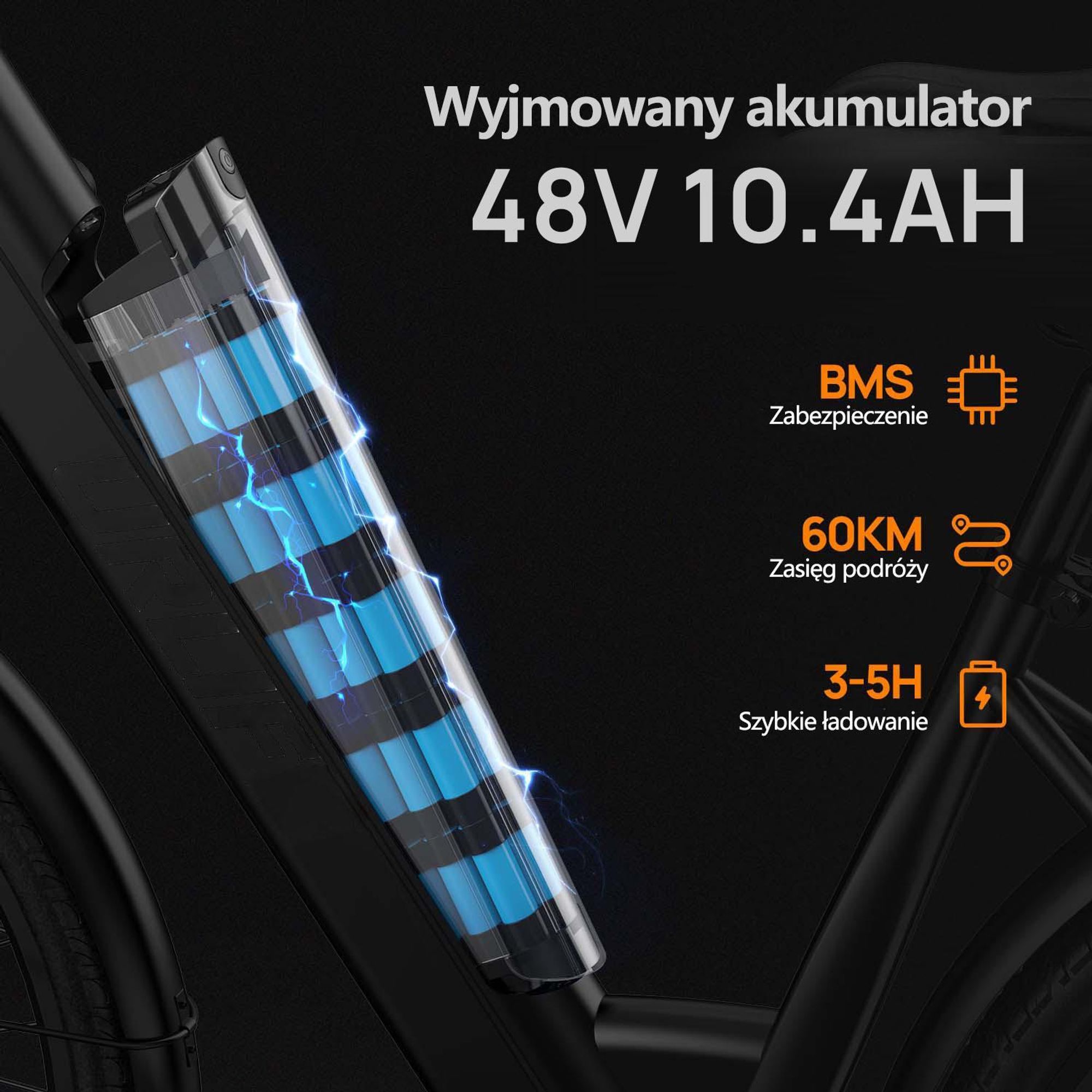 Rower Elektryczny URLIFE E26 - silnik 250 W akumulator 48V10.4Ah opony 26 cali hamulce tarczowe - Czarny