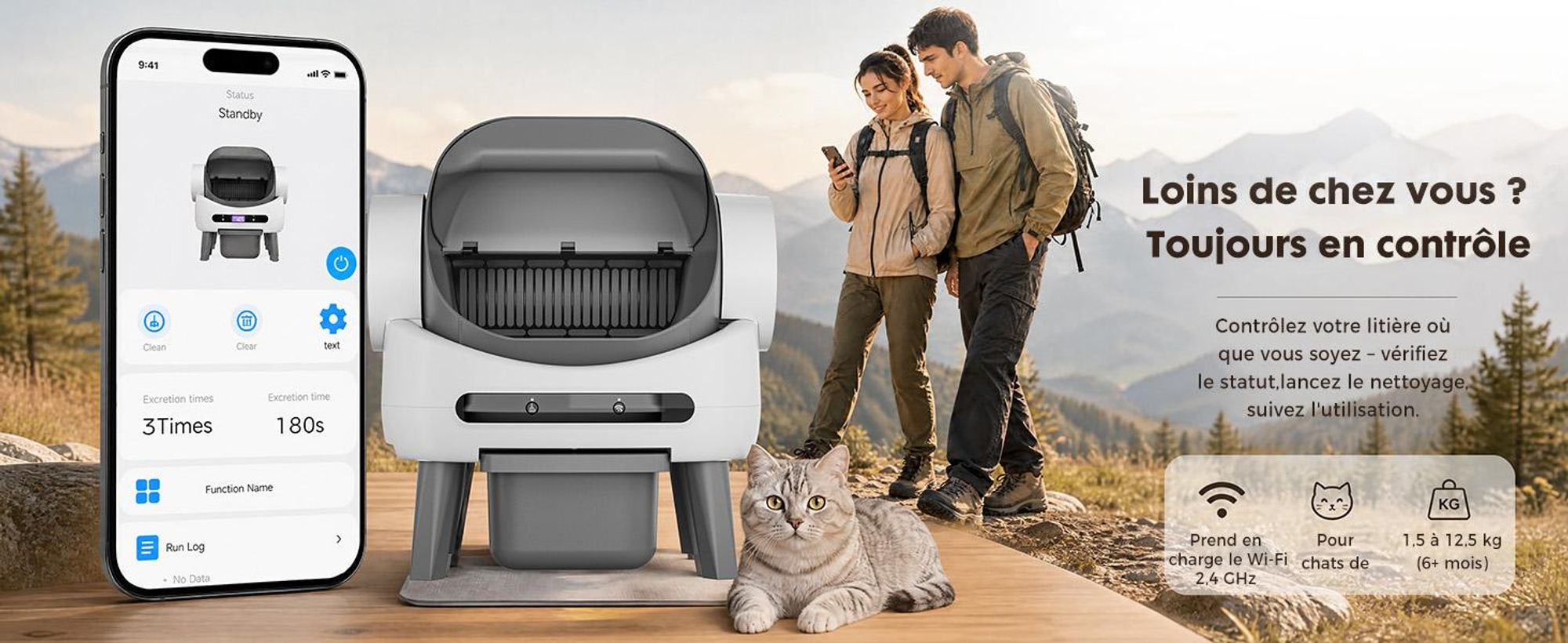Litière automatique pour chat GTPLAYER, avec système autonettoyant, bac à déchets de 10 litres, contrôle via application avec écran et fonction anti-encrassement, compatible avec tous les types de litière