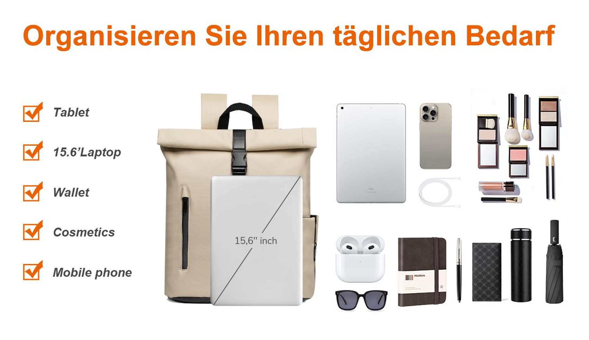 Damen Herren Rolltop Rucksack 25L, Groß Schulrucksack Wasserdicht mit 15,6 Zoll Laptopfach, Backpack für Job Radsport Reisen Freizeit Fahrrad,Aprikose