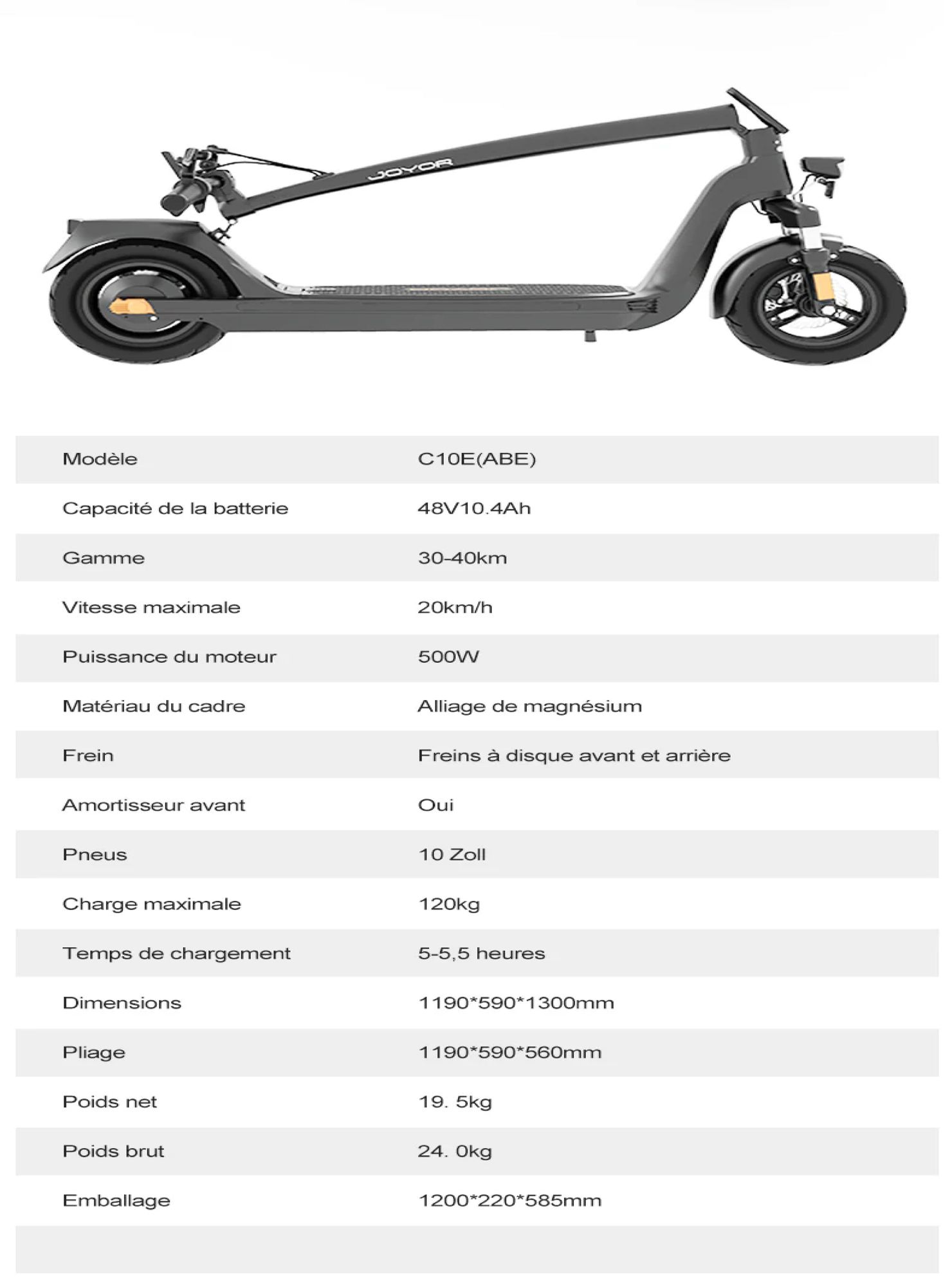 JOYOR C10E ABE Certified Pliable Trottinette électrique - Batterie 48V10.4AH Pneus de 10 Pouces - Noir