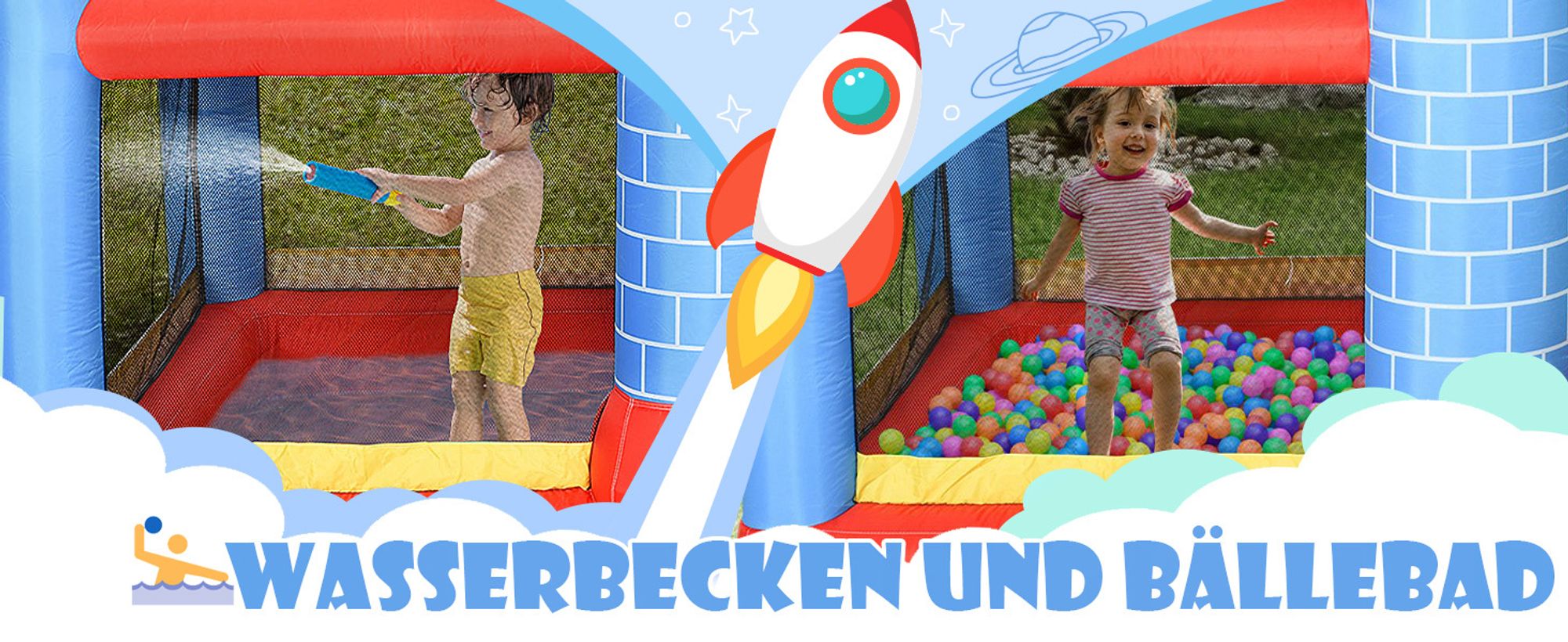 Outsunny Aufblasbare Hüpfburg mit Rutsche Pool für 3 Kinder Burg mit Gebläse