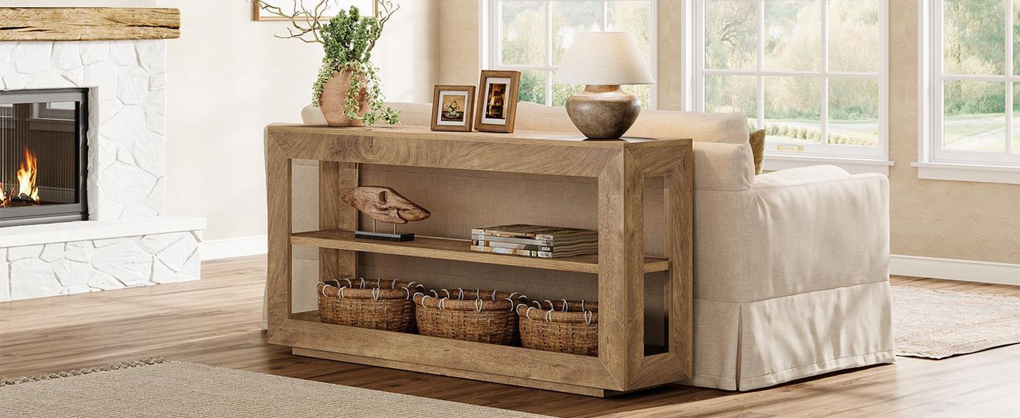 Tribesigns Konsolentisch, 160 cm, Eingangstisch aus Bauernholz mit 3-stufigem Ablagefach für Flur, Wohnzimmer, Braun