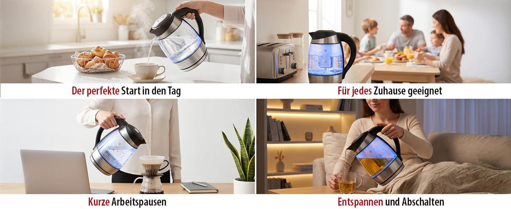 WINLIFE Glaswasserkocher Edelstahl 1,8 Liter Temperatureinstellung Temperaturwahl 60, 70, 80, 90, 100°C Farbwechsel LED| Teekessel Glaswasserkocher mit Warmhaltefunktion