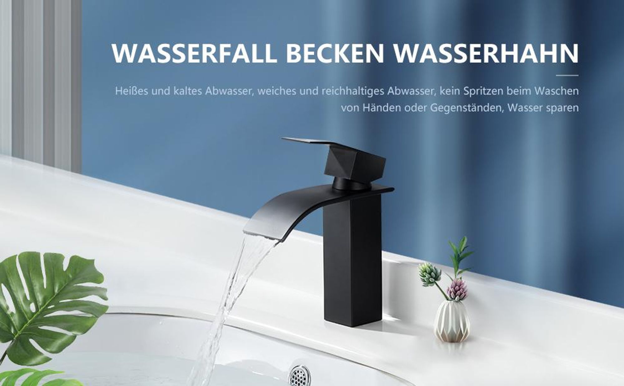 Homelody Wasserhahn Bad mit Pop-Up Ventil Messing Ablaufgarnitur,Schwarz Waschtischarmatur Wasserfall,Waschbecken Armaturen fur waschbecken,Edelstahl