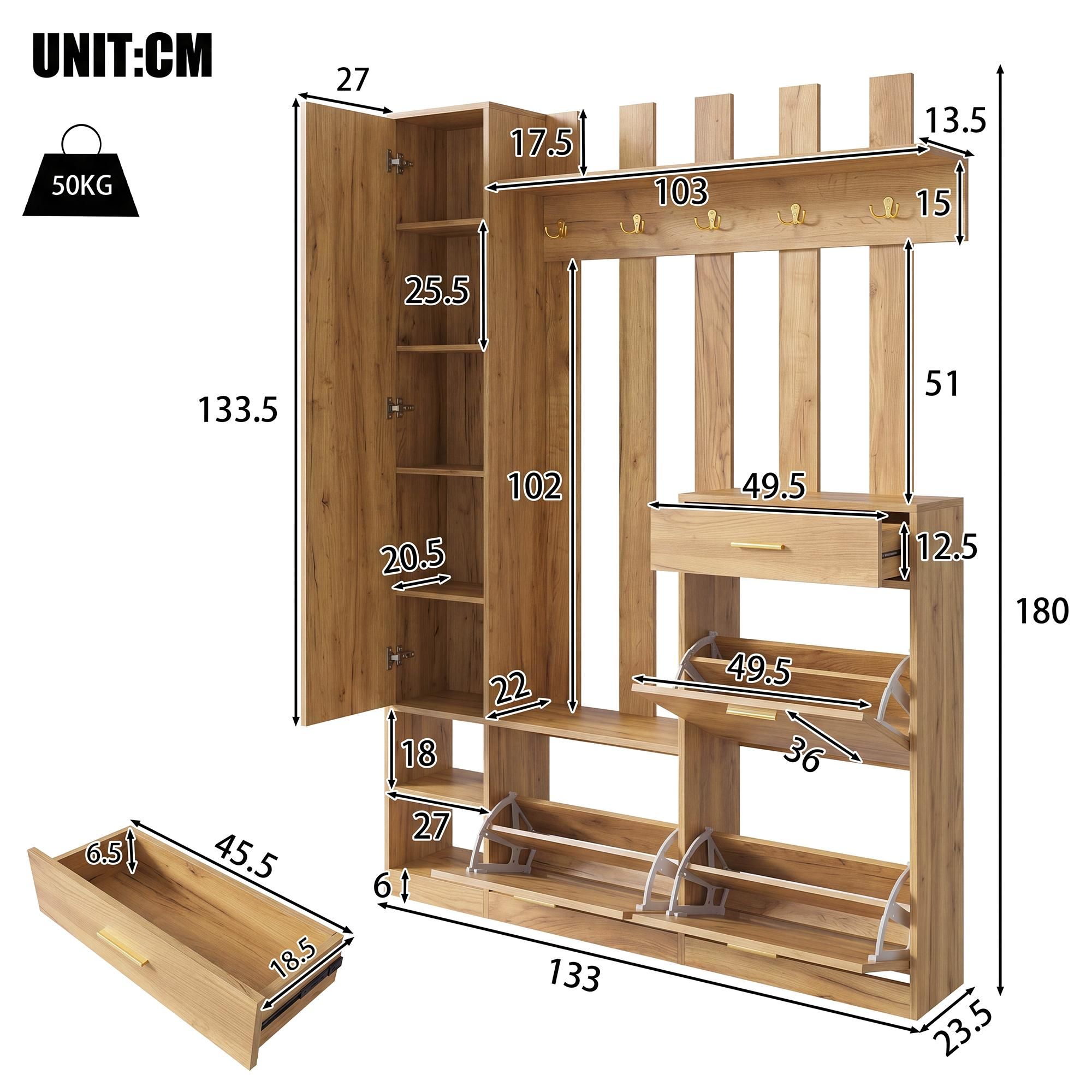 Merax Kleiderschrank in Landhausstil mit Kleiderstange, Schlafzimmerschrank mit 2 Türen, 2 Schubladen und offene Regale, Flur Garderobe, Eiche