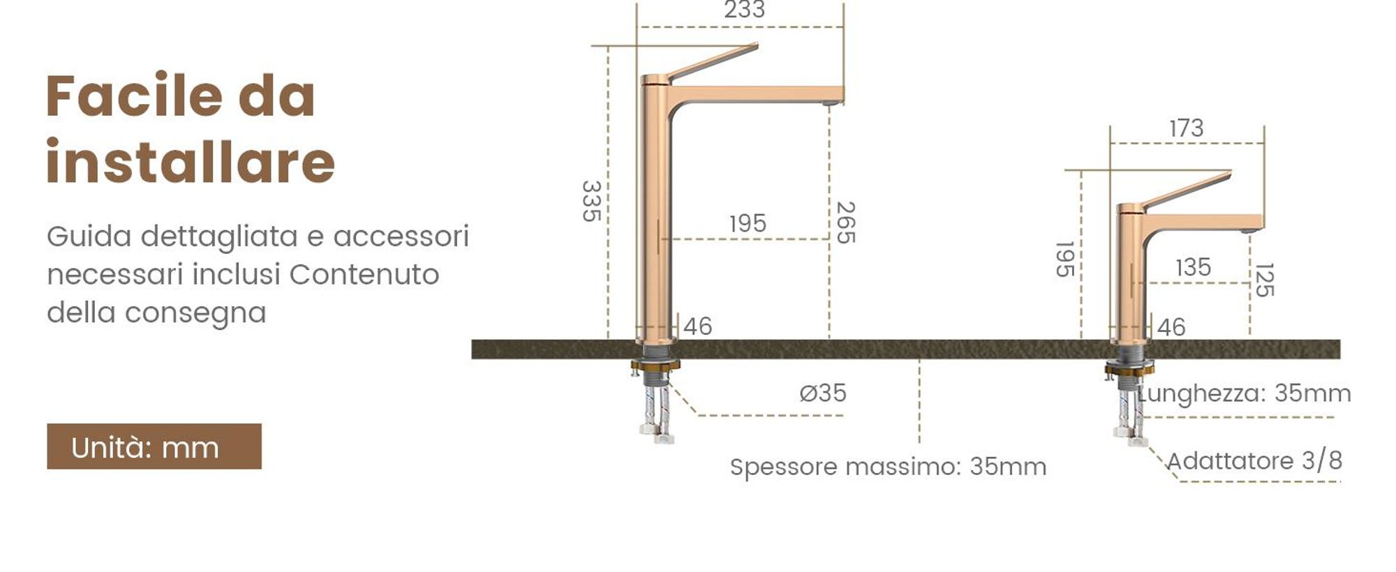 EMKE Rubinetto bagno oro rosa 335x233x46mm, ottone, cartuccia in ceramica, miscelatore bagno, miscelatore lavabo, miscelatore lavabo