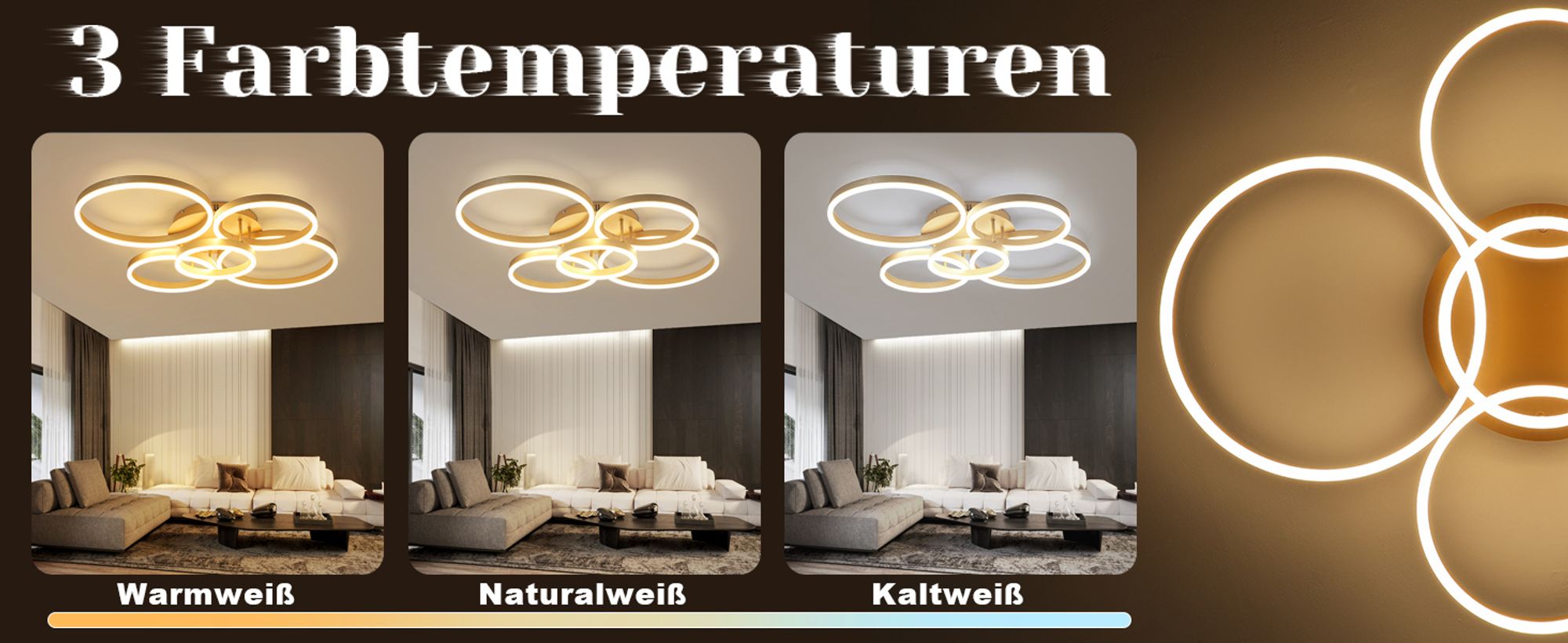 ZMH LED Deckenleuchte Wohnzimmer Deckenlampe Gold Dimmbar mit Fernbedienung 78W 5 Ringen Wohnzimmerlampe Schlafzimmerlampe Acryl Deckenbeleuchtung