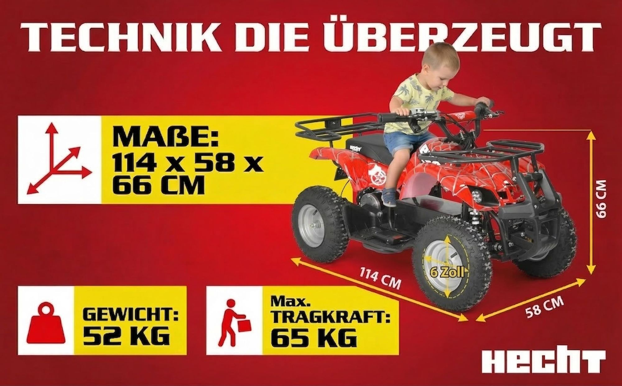 HECHT 56100 Kinder Quad Elektro | 1000W | bis 25km/h | bis 65kg | Scheibenbremsen | 36V | 12Ah Akku