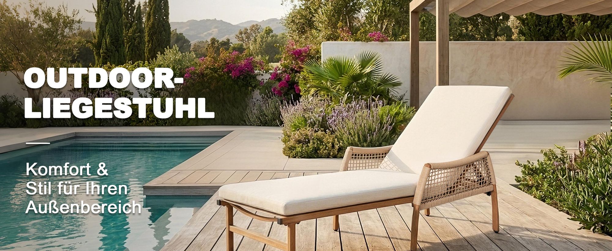 Avestar Sonnenliege, verstellbare Rückenlehne mit Kissen, handgeflochtene Rattan-Armlehnen und handgebürstetes Aluminium, Beige