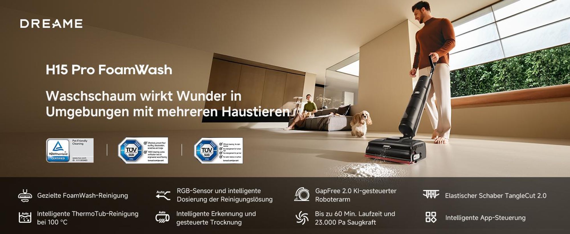 Dreame H15 Pro FoamWash Nass- und Trockensauger, 23000Pa Saugleistung, 0 Tangle, 180° Lie-Flat,60min Laufzeit,100℃ selbstreinigend,LED,4-Modus,400m²