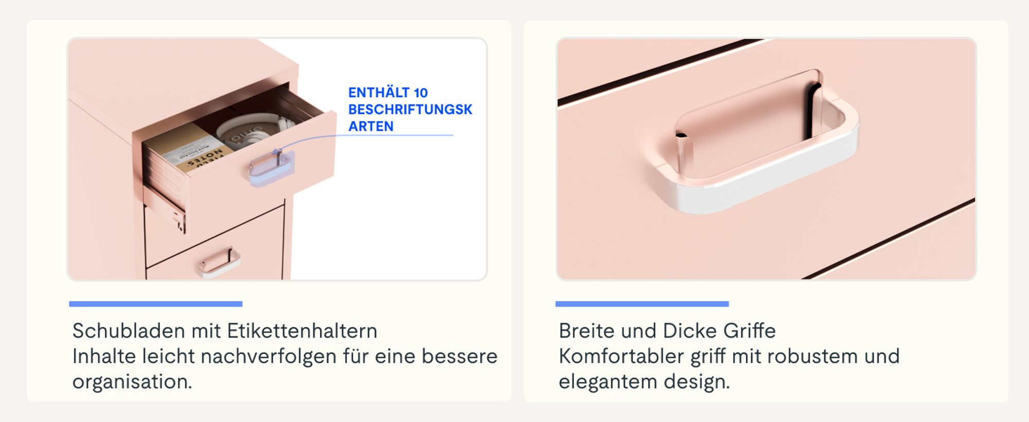 FLEXISPOT Rollcontainer Büroschrank mit 3 Schubladen, Aktenschrank Metallschrank Kommode mit Rädern, Unterschrank für Zuhause und Büro (Rosa)