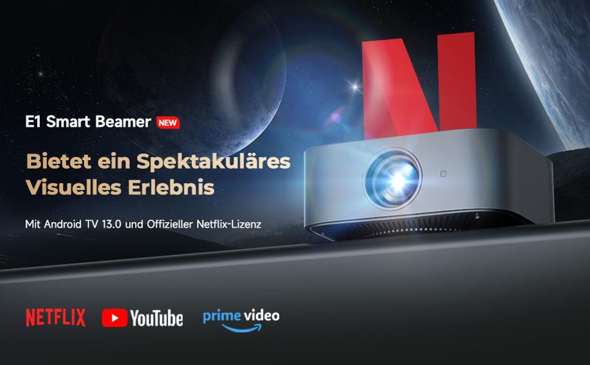 Beamer 4K mit Netflix, Native 1080P, Android 13.0, Elektrischer Fokus, 25000 Lumens, 2-Wege Bluetooth 5.3 WiFi6 Beamer Heimkino