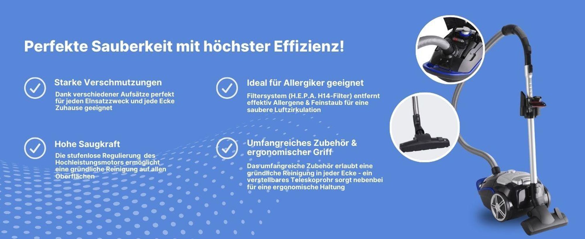 Fakir Blue Vac Power Staubsauger mit Beutel, 800 Watt Leistungsstark, Allergiker freundlicher HEPA 14 Filter, 12m Aktionsradius, 800Watt, extra leise