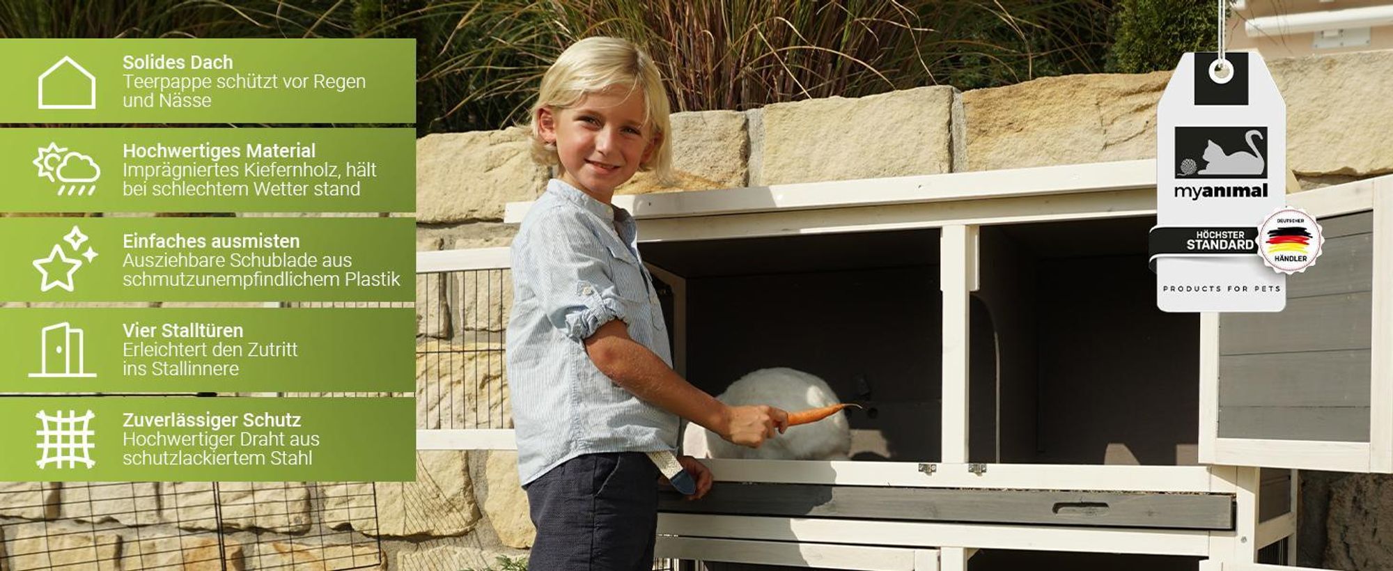 MyAnimal Hasenstall MH-20 | Hasenkäfig - Kaninchenstall - 4 Türen - Kleintierstall für Kaninchen und Hasen - Dach zum Öffnen - Zweistöckig (Grau/Weiß)