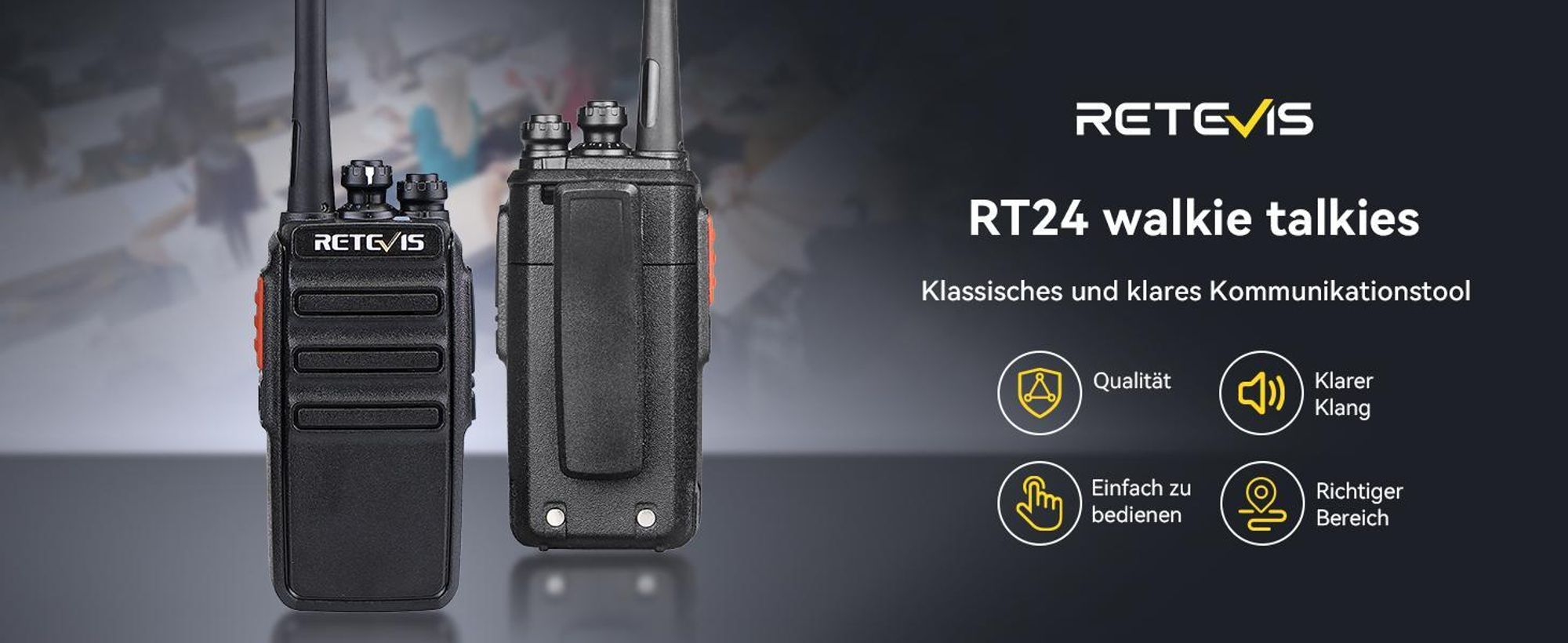 Retevis RT24 Funkgeräte Set, Walkie Talkie PMR 446 mit Headset und USB Ladeschale, 16 Kanäle VOX Squelch Wiederaufladbar, für Schule Logistik 20 Stück