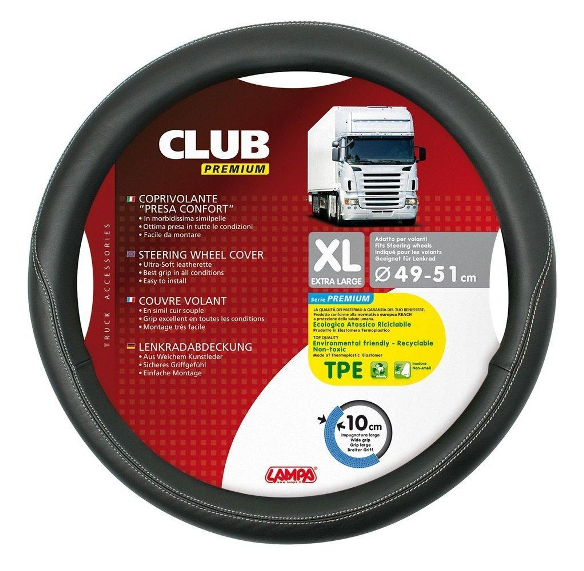 LAMPA Accessories Lkw Leder Lenkradbezug XL Club 49-51 cm, Griffschutz 10 cm breit für LKW, Busse, Nutzfahrzeuge und Transporter