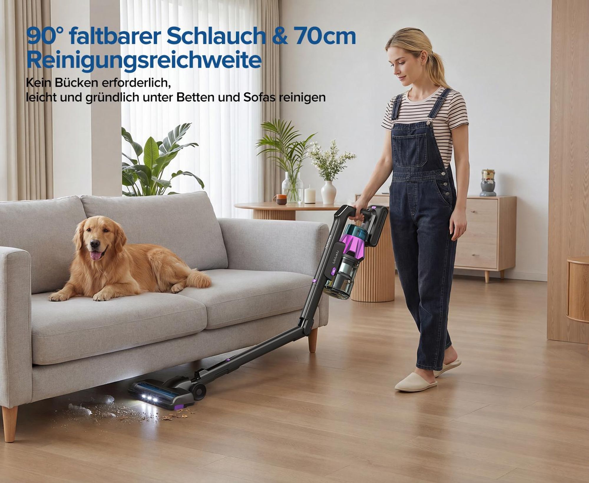 Lubluelu Akku-Staubsauger,85000PA/ 650W/70Min, Staubsauger Kabellos Mit Selbststehendes Design, Flexibles Biegegelenk, Anti-Tangle Bodenbürste,G30
