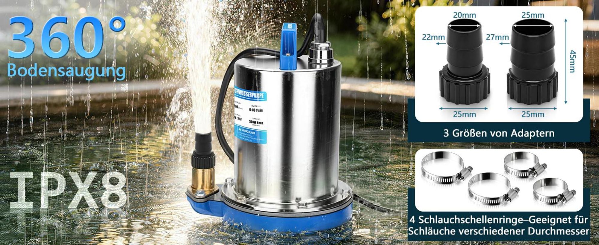 Akku Tauchpumpe mit 2×4Ah Doppel-Akku-Konstruktion 16m Förderhöhe 500W Klarwasserpumpe 80 L/min 4M Kabellänge Edelstahl Schmutzwasserpumpe Wasserpumpe
