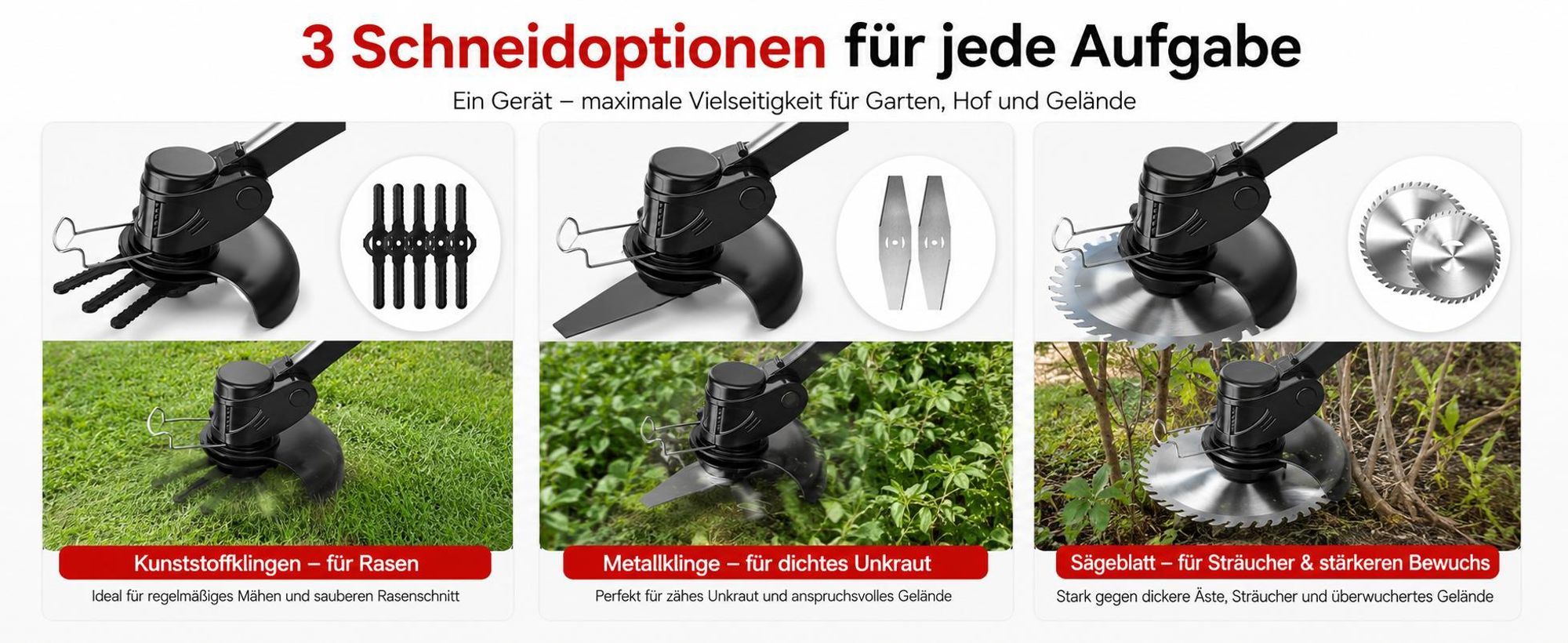 Akku-Rasentrimmer 21V mit 2 Batterien, Freischneider, Motorsense, mit Akku und Ladegerät, Teleskop-Stiel & Zusatzhandgriff, Faltbares Modell, Rot