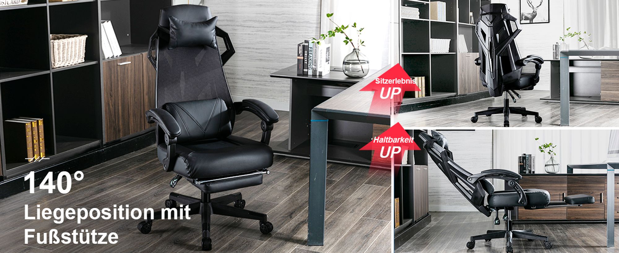 GTPLAYER Ergonomischer Bürostuhl Schreibtischstuhl Gamingstuhl Drehstuhl Verstellbarer Lordosenstütze Kopfstütze Rückenschonend Chefsessel mit Verbindungsarmlehnen Stummrädern schwarz