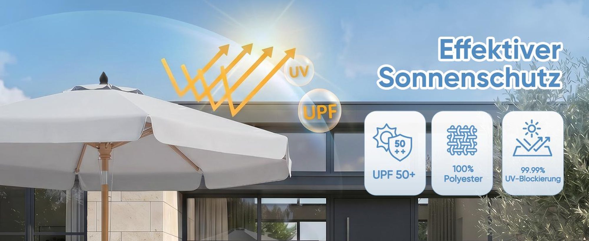 Sekey Balkonschirm 200 cm Ø Holzoptik, Knickbar, Stabiler Gartenschirm, UV-Schutz 50+, Sonnenschirm für Terrasse und Hof, Hellgrau