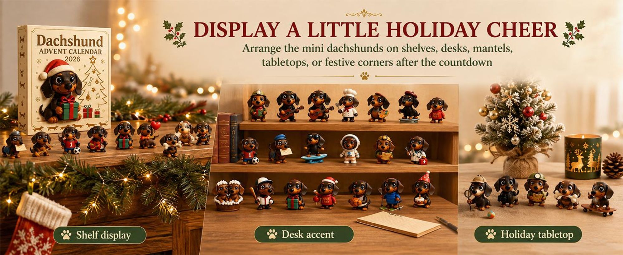 3D Dackel Adventskalender 2026 – 24 Figuren zum Sammeln, Weihnachtsbaumschmuck & Tischdeko für Dackel-Fans