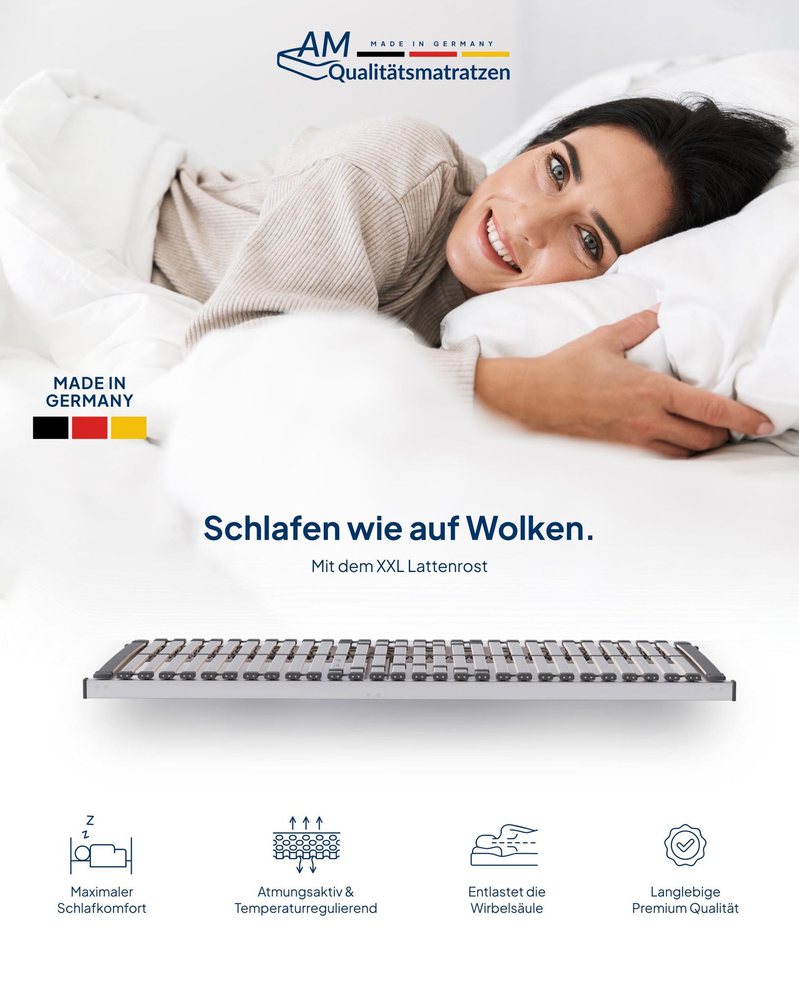 AM Qualitätsmatratzen | XXL 7-Zonen Lattenrost | 140x200 cm | extra stark bis 240 kg belastbar | fertig montiert geliefert | 30 Federholzleisten aus Buche | schwergewicht Lattenrahmen | 140x200