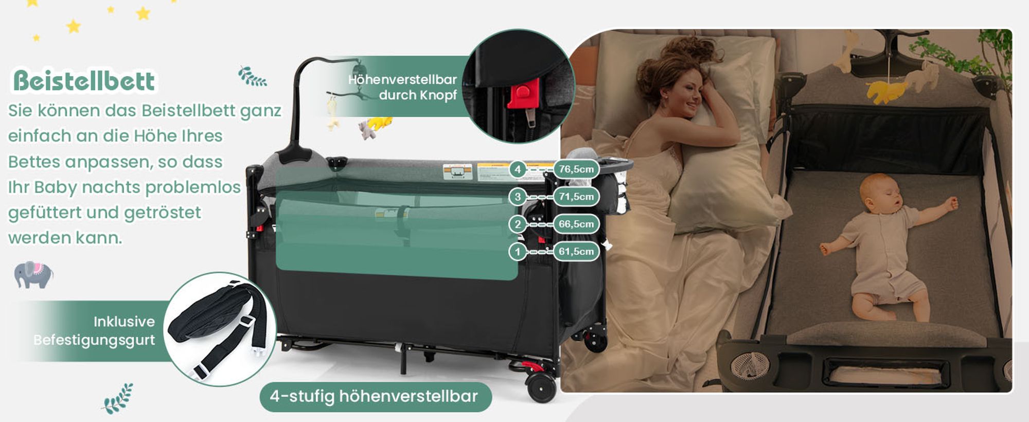 5 in 1 Reisebett mit Matratze 120 x 60cm, Höhenverstellbar Beistellbett mit Wickeltisch, Spieluhr & Spielzeug, Laufstall | Babybett | Babyschaukel für Baby ab Geburt (Grau)