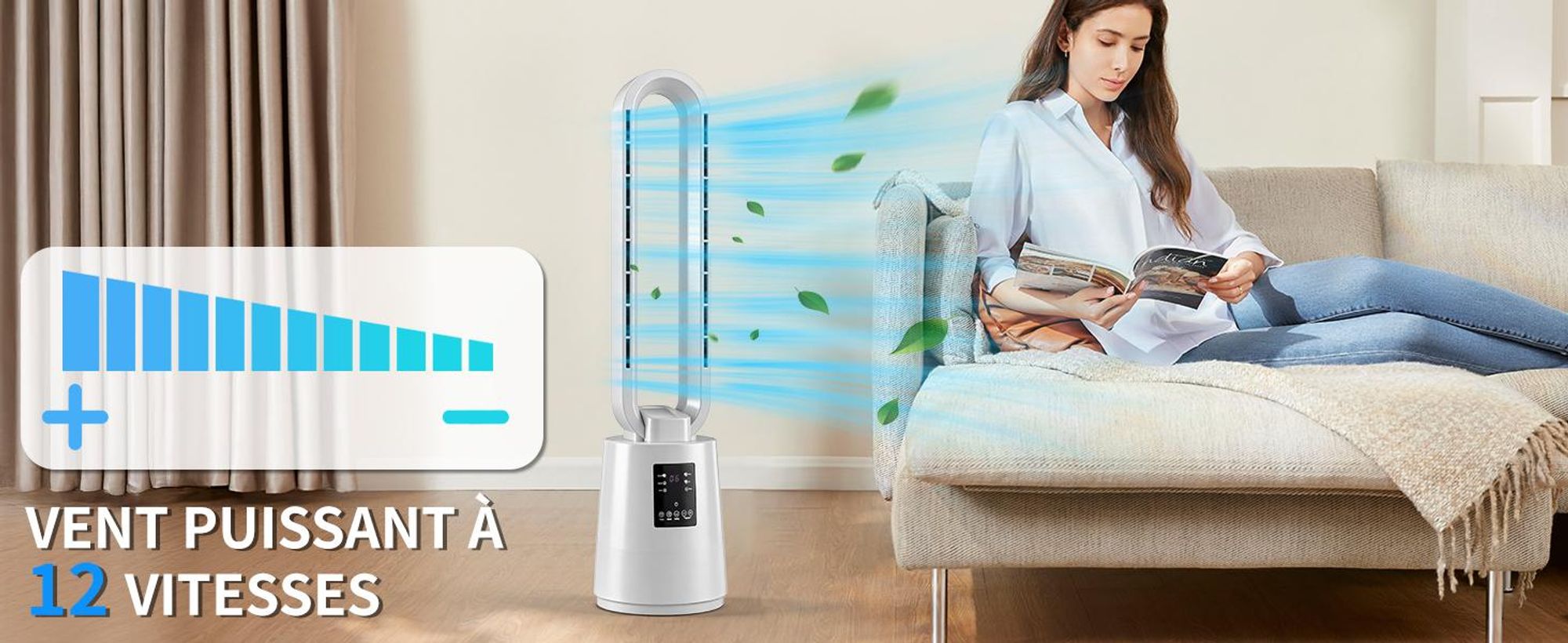 FCH Ventilator ohne Rotorblätter mit UV-Sterilisation,40W, 8-Stunden-Timer, elektronischem Touchscreen und Fernbedienung