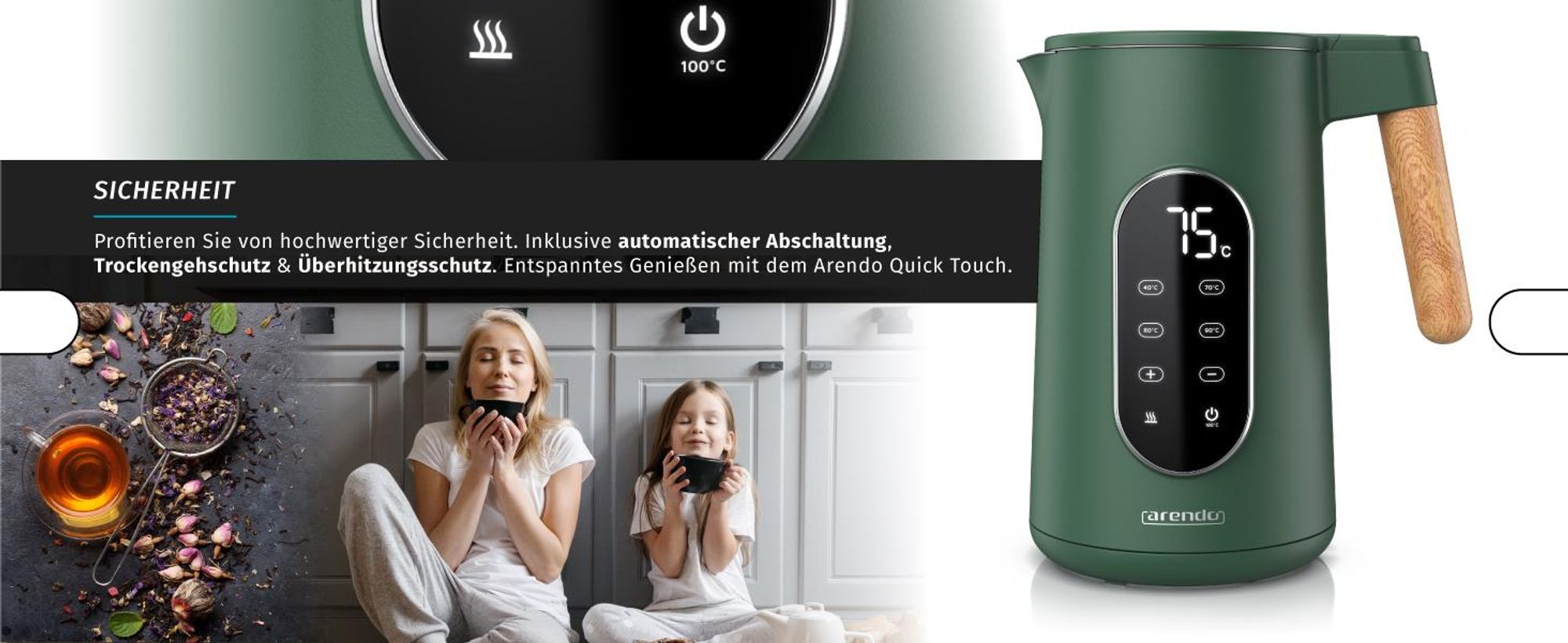 Arendo Wasserkocher mit Temperatureinstellung 40°C - 100°C mit Anzeige, Temperaturwahl, Edelstahl, 1,7 L, 2200W, LED-Display, Holzoptik-Griff, BPA-frei