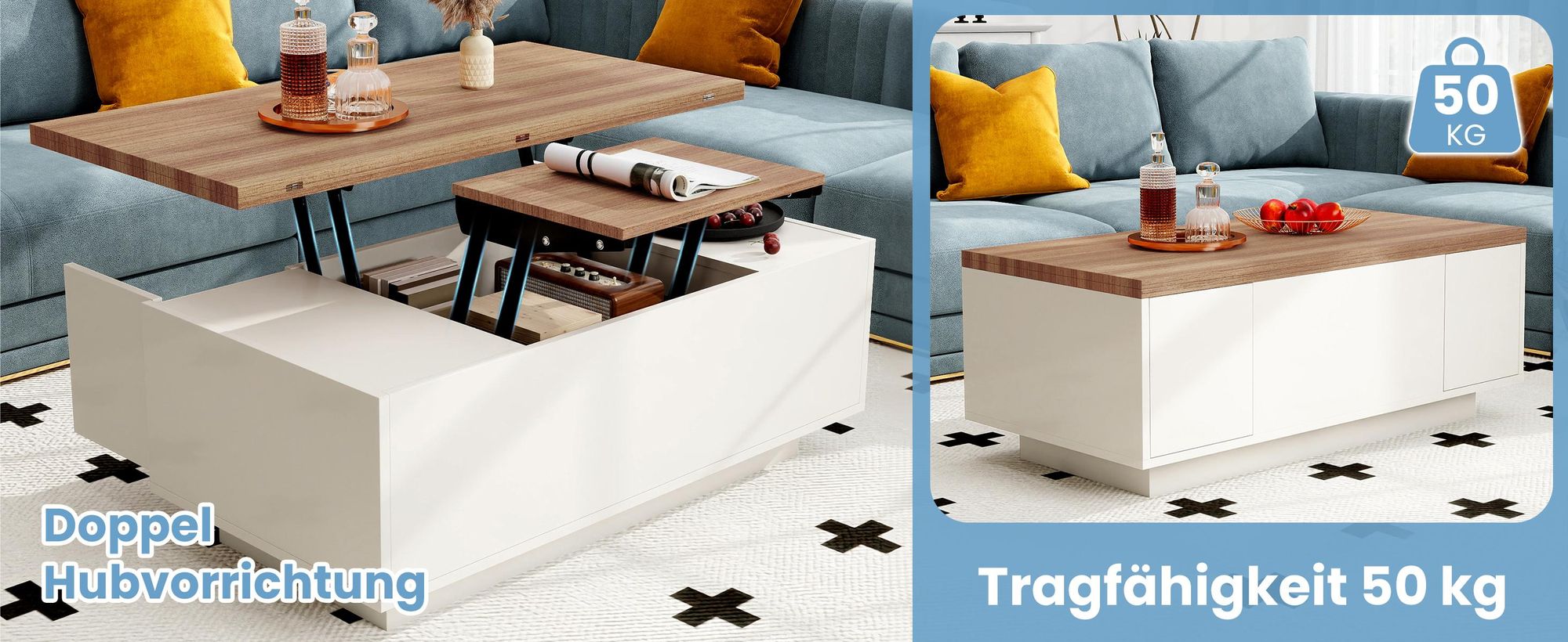 MODFU Couchtisch Wohnzimmertisch mit Doppel-Hebemechanismus,Sofatisch Kaffeetisch mit verstecktem Stauraum,Freizeittisch,Sideboard,Weiß + Natur