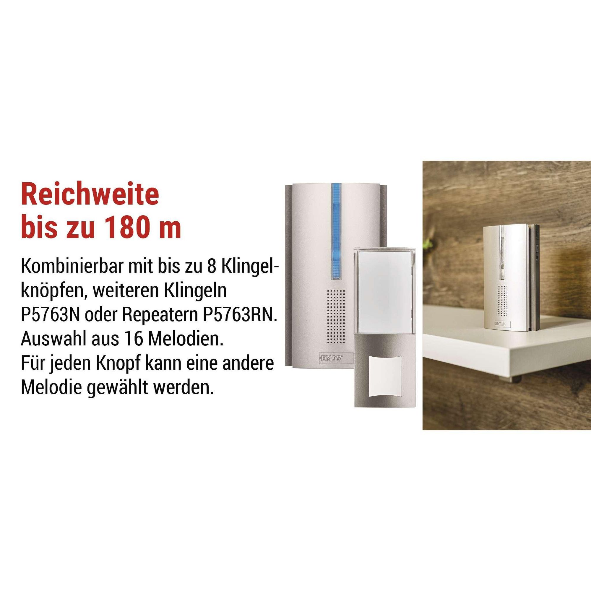 EMOS Kabellose Türklingel, batteriebetrieben, Ersatz/Zusatz-Repeater zu P5760N/P5763N, unbegrenzte Reichweite, 5 Lautstärken (0-85dB), P5763RN