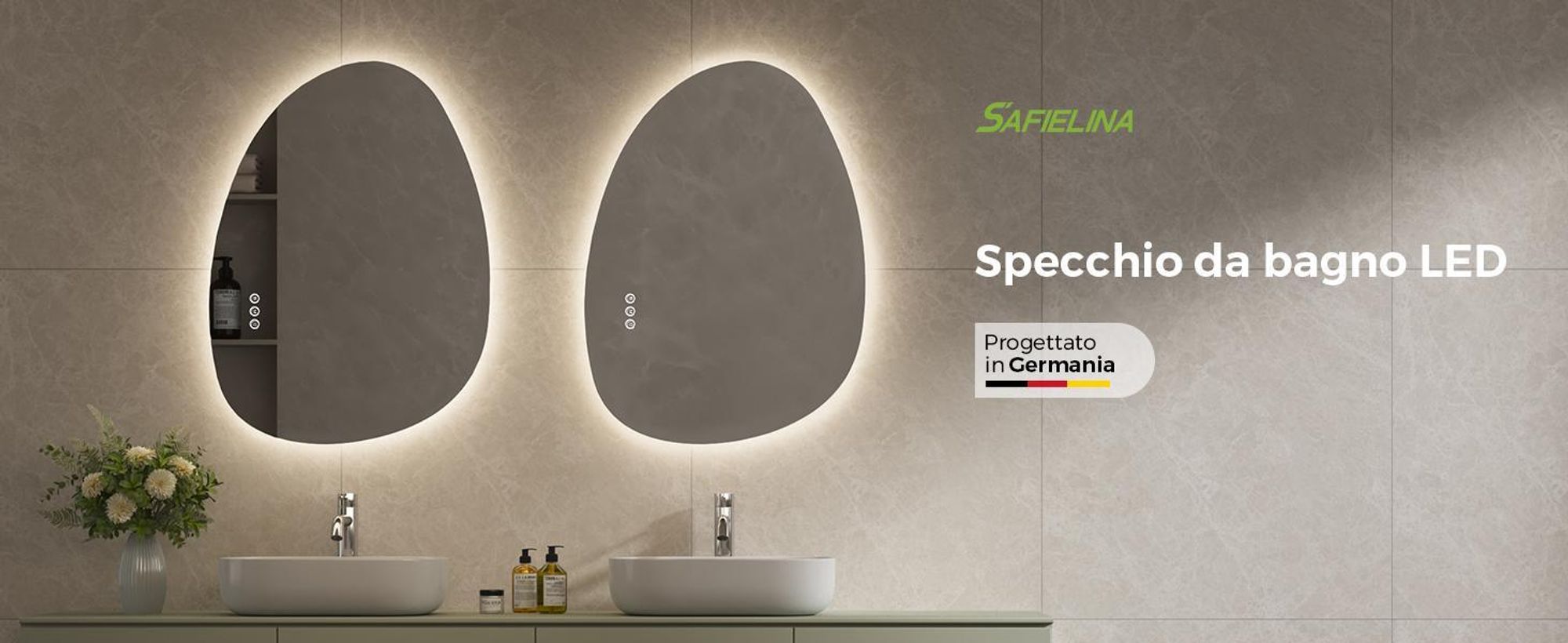 S'AFIELINA 75×55 cm Specchio asimmetrico LED - Specchio da bagno con illuminazione, funzione dimmer, montaggio orizzontale/verticale, antiappannamento, bagno e corridoio