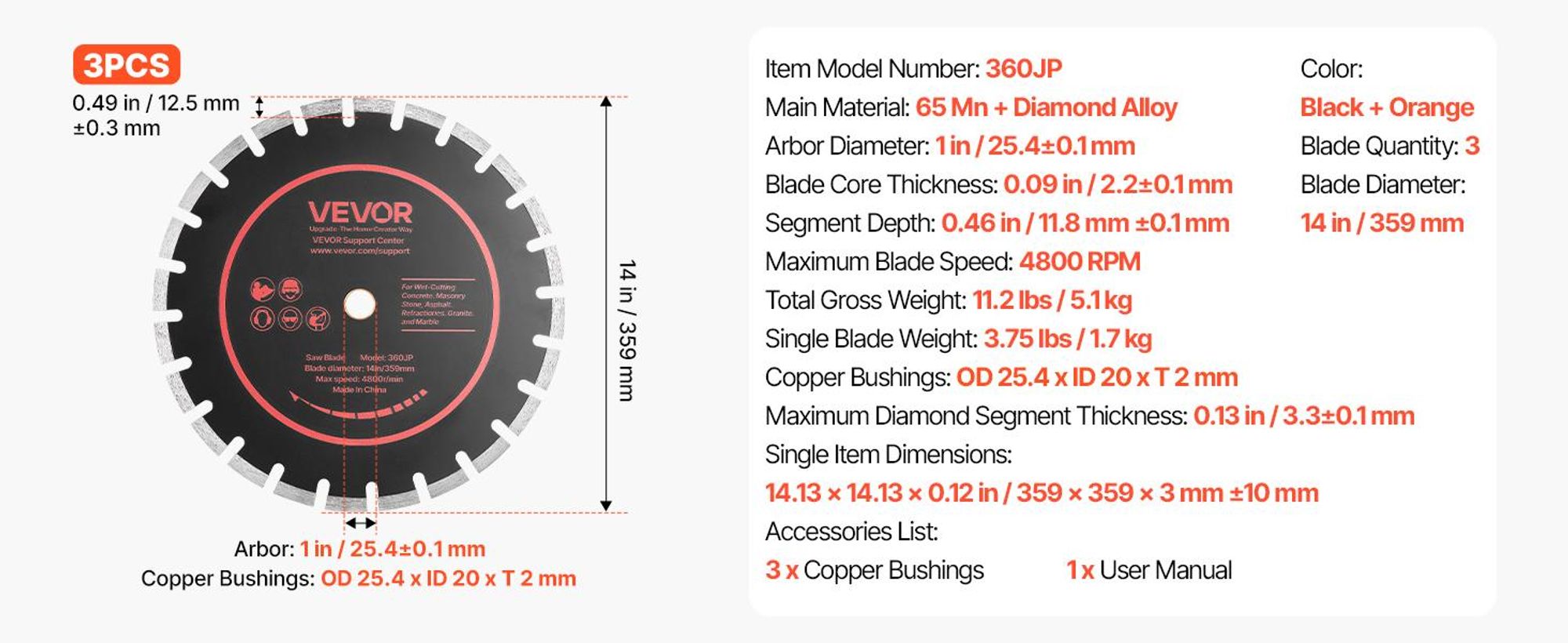 VEVOR 3 Stk. Diamanttrennscheiben 359mm, Diamant-Sägeblätter mit 25,4mm Bohrung & 11,8mm Segmenthöhe, Max. 4800 U/min Diamantscheiben für Trocken/Nass Schneiden, Trennscheibe für Beton Mauerwerk Stein