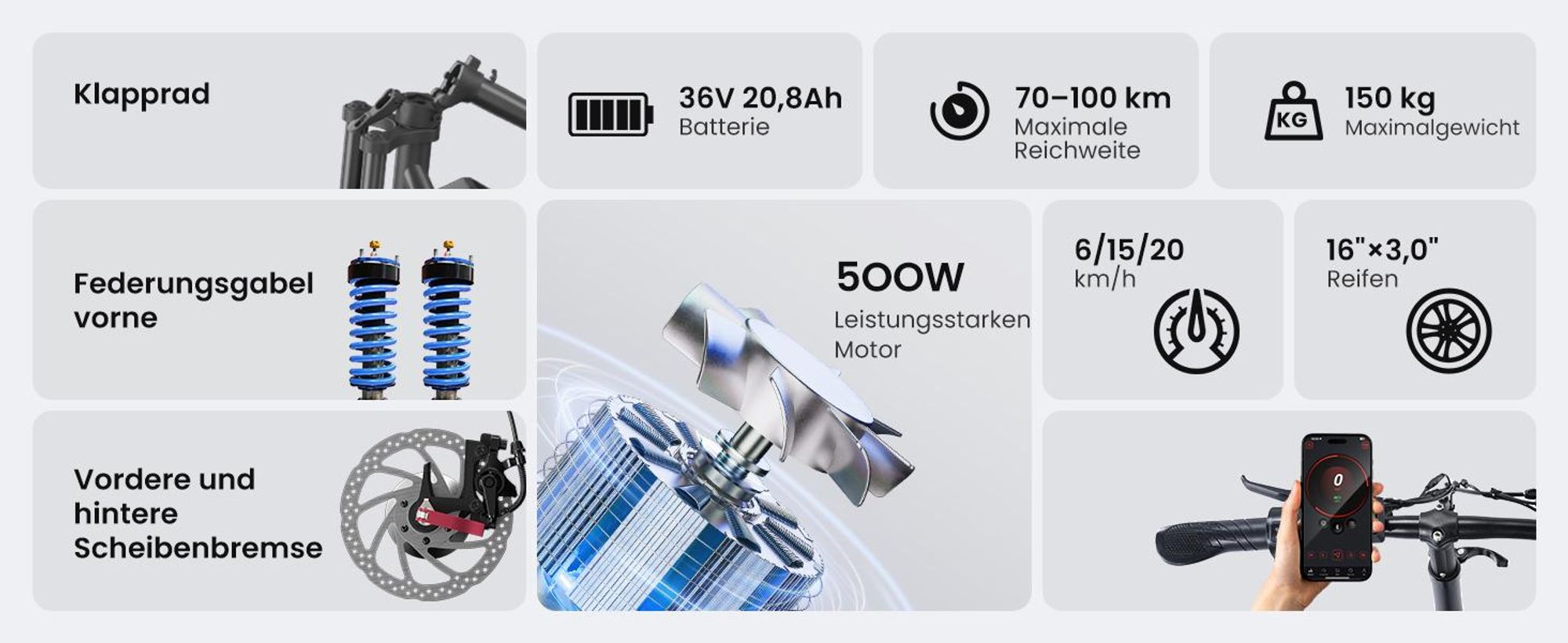 E Scooter mit Straßenzulassung,16 × 3.0 Zoll Fat Tire E Roller 100Km Max Reichweite,mit Klapprad Korb und Lenker mit App