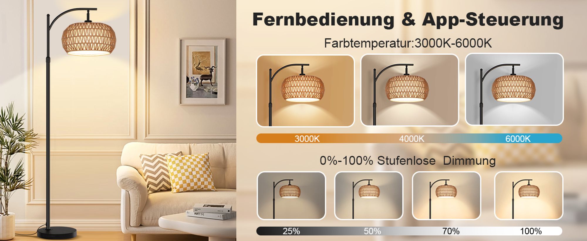 Stehlampe Wohnzimmer, Dimmbare Rattan Standleuchte mit 3 Farb,Fernbedienung und Fußschalter, App-Steuerung,12W E26 Bogenlampe,Standleuchte Leselampe