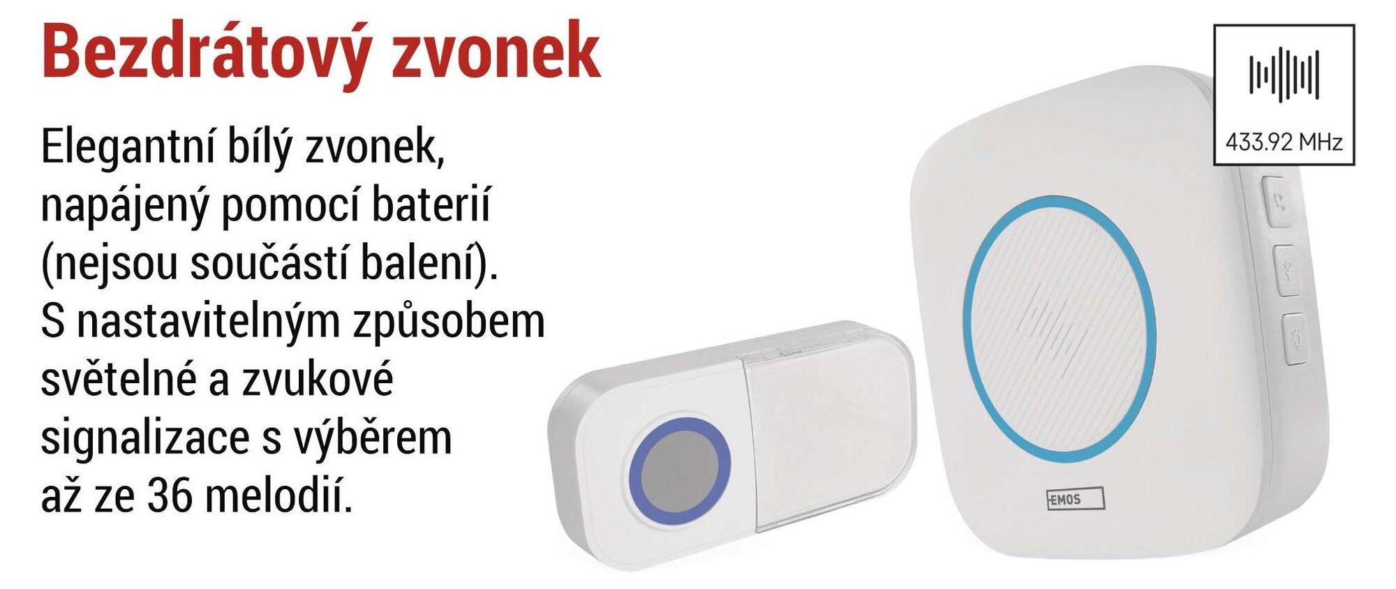 EMOS sada zvonku s vodotěsným tlačítkem, 36 melodií, barevná signalizace, dosah 150 m, 90 dB, napájení na baterie, bílá, P5736