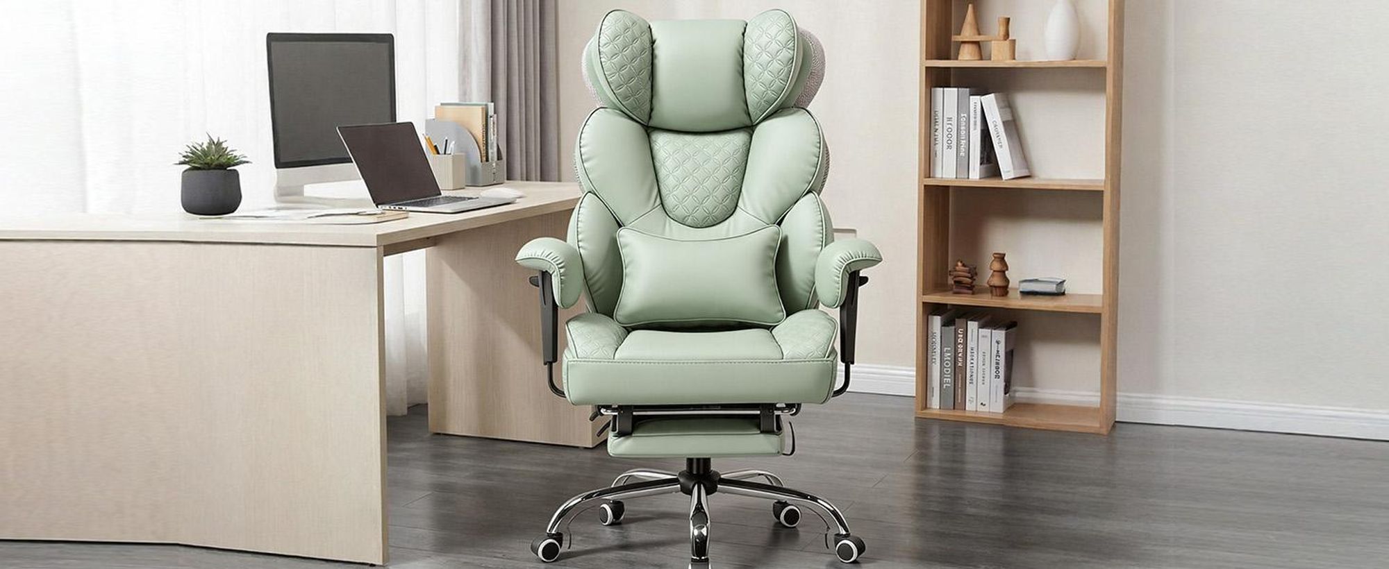 COMHOMA Ergonomischer Gaming Stuhl, Bürostuhl 180 kg, mit Verstellbarer Lendenstütze & Fußstütze, Hybrid-Design aus Kunstleder & Mesh, Chefsessel