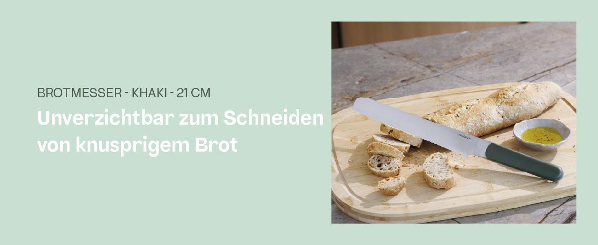 BergHOFF Home Elements Brotmesser 21 cm, Wellenschliff, Edelstahlklinge, für Brot Kuchen Melone, Khaki
