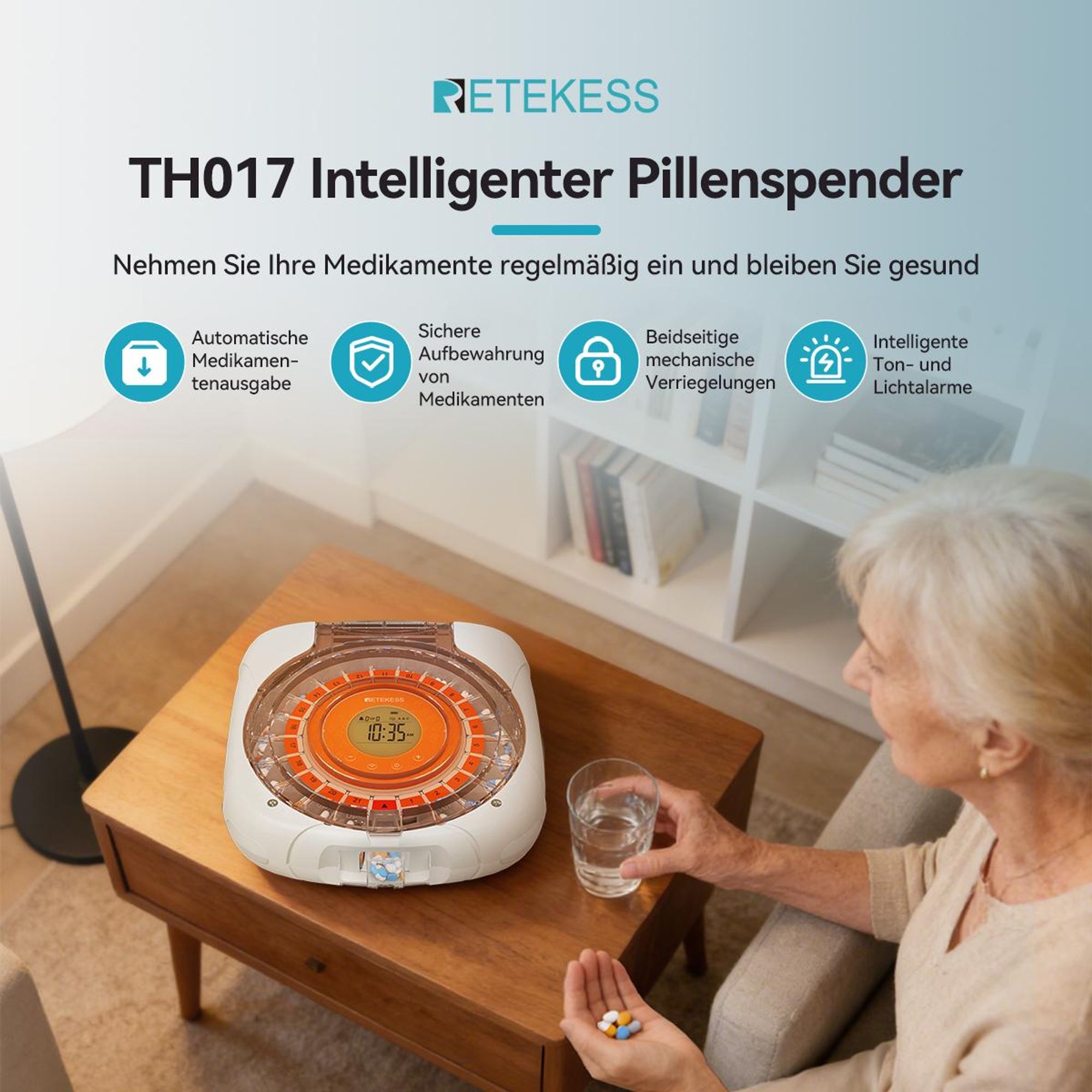 Retekess TH017 Smart Pillenbox, automatischer Tablettenausgabe, LCD-Display, Klingeltöne, Power-off-Speicherfunktion, für Haushalte, Senioren