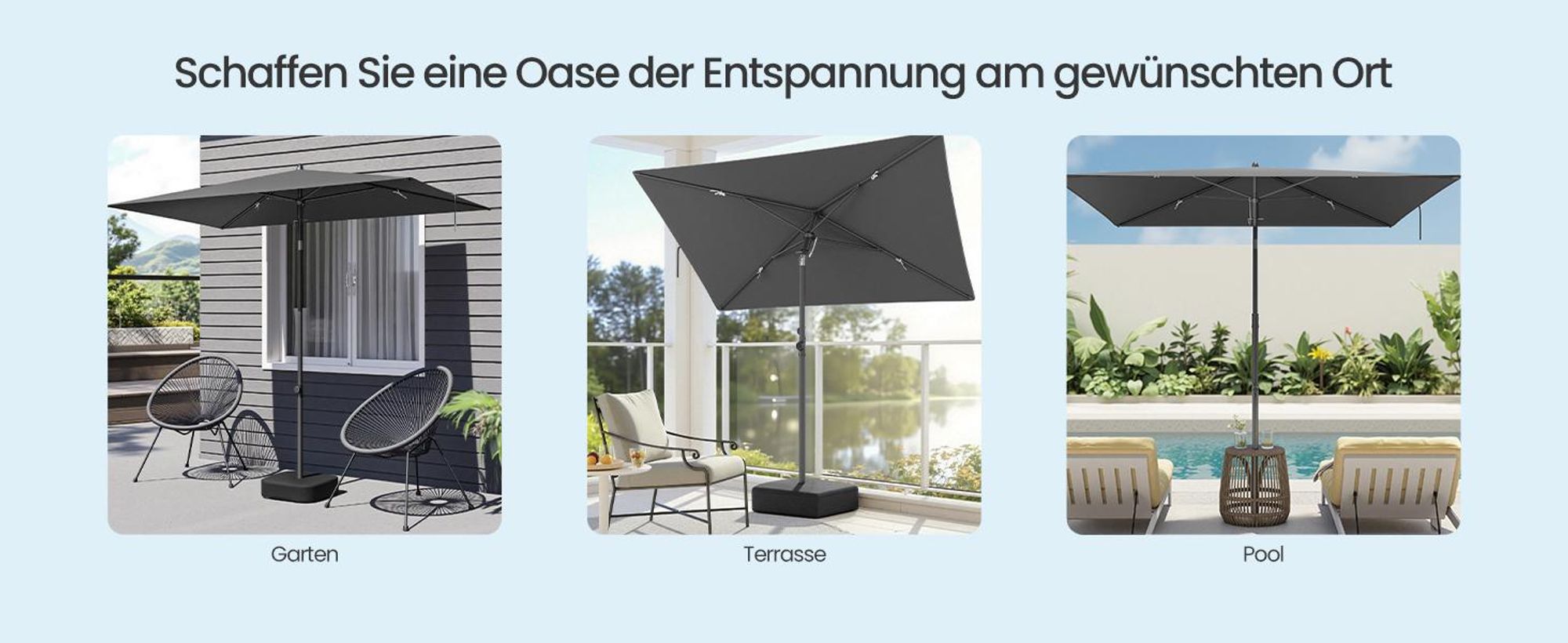 SONGMICS Sonnenschirm 232 x 149 cm, UPF 50+ Sonnenschutz für Garten Terrasse Strand, knickbar, ohne Ständer, grau