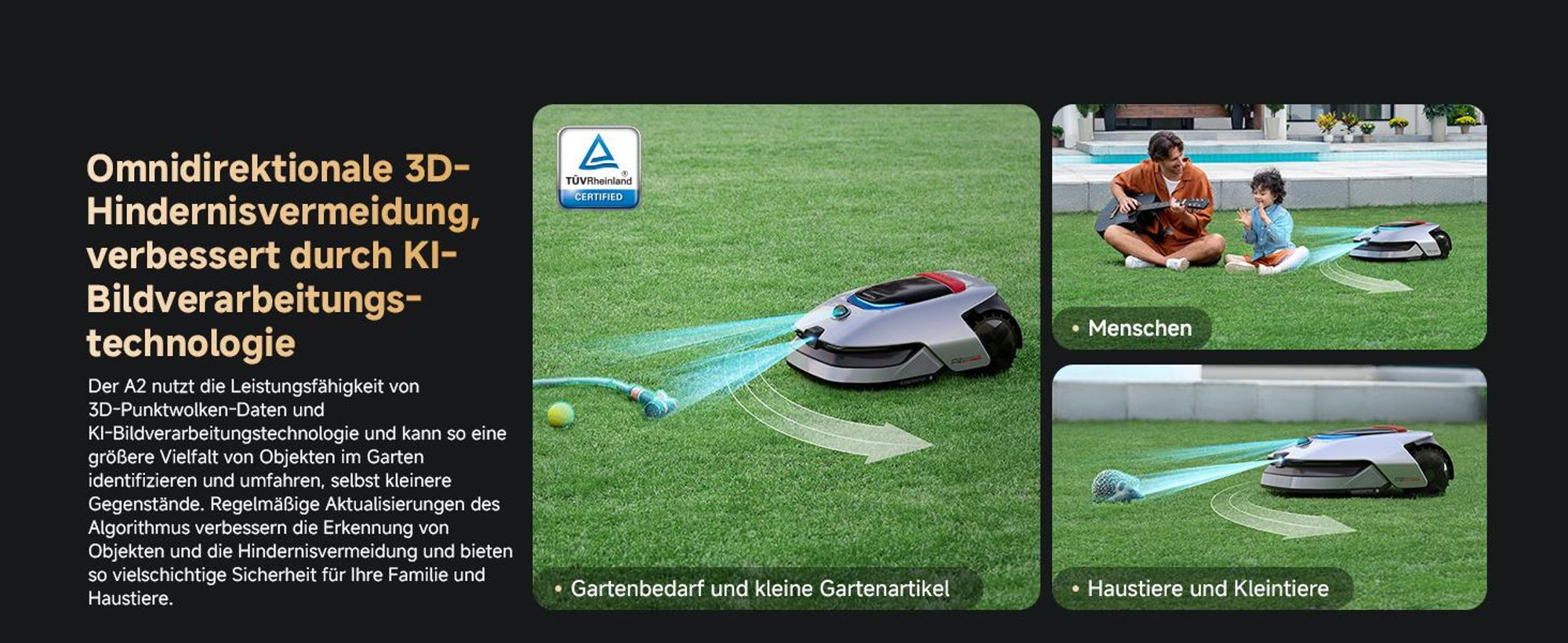 DREAME A2-1200 Akku-Mähroboter mit RKT,1200m²,360° 3D-LiDAR&KI-Vision,26,5° Steigung,U-förmige Mähbahn,5cm EdgeMaster Präzisionsschnitt,Dual-Map,App