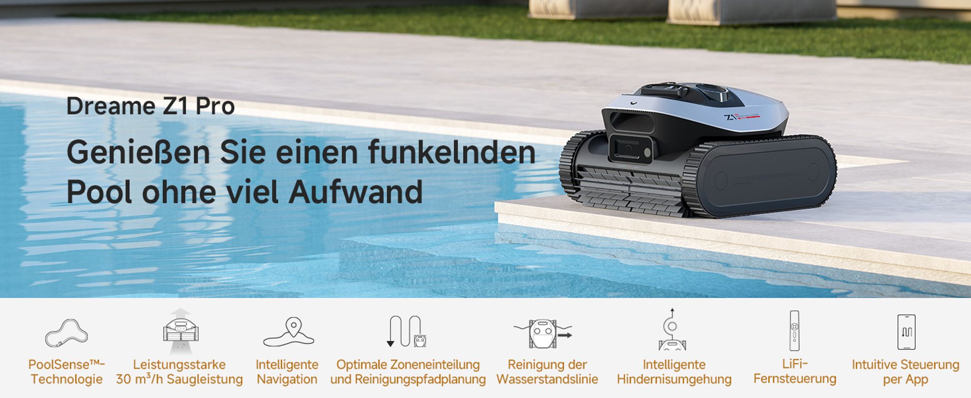 DREAME Poolroboter Z1 Pro, Hightech-Poolerkennung & Pfadplanung, hohe Saugleistung, Poolboden, Wand- & Wasserstandslinienreinigung, für Pools bis 200