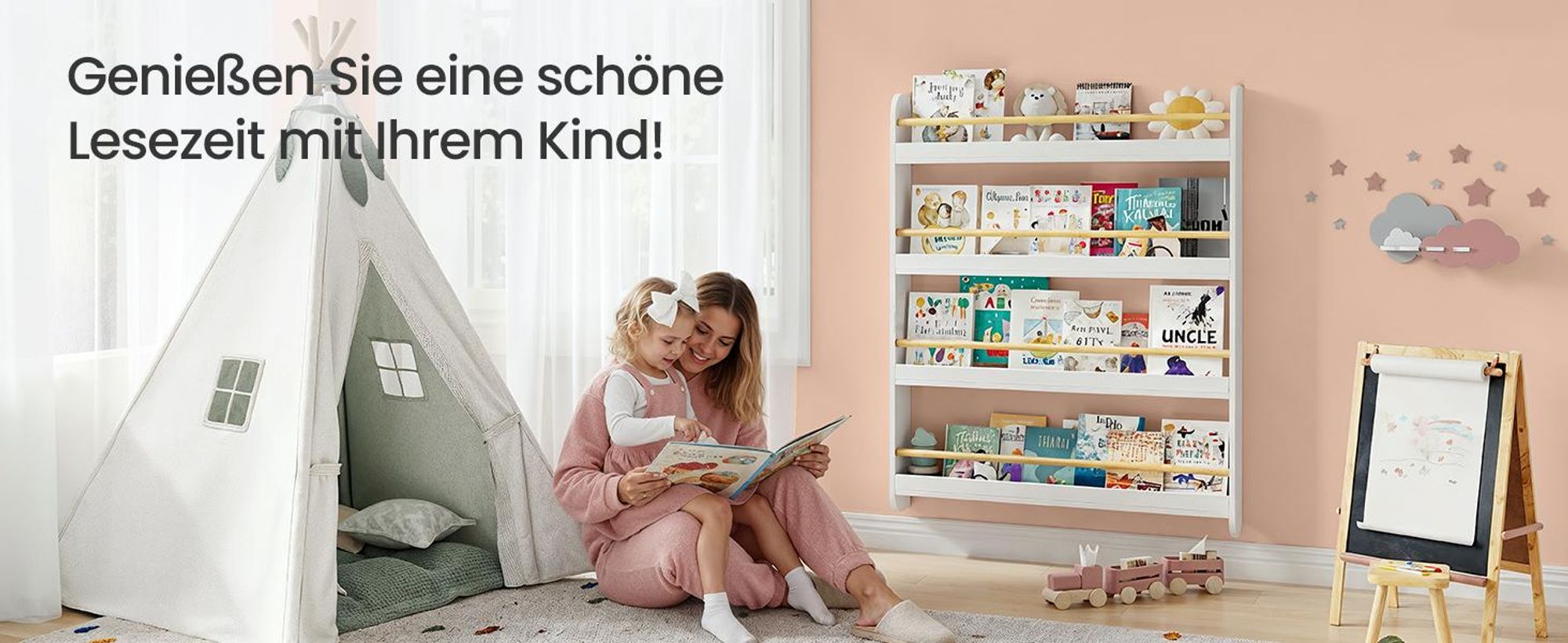 SONGMICS Bücherregal Kinder, Kinderregal mit 4 Ebenen, Spielzeugregal, Wandregal, für Kinderzimmer, Spielzimmer, weiß-naturfarben