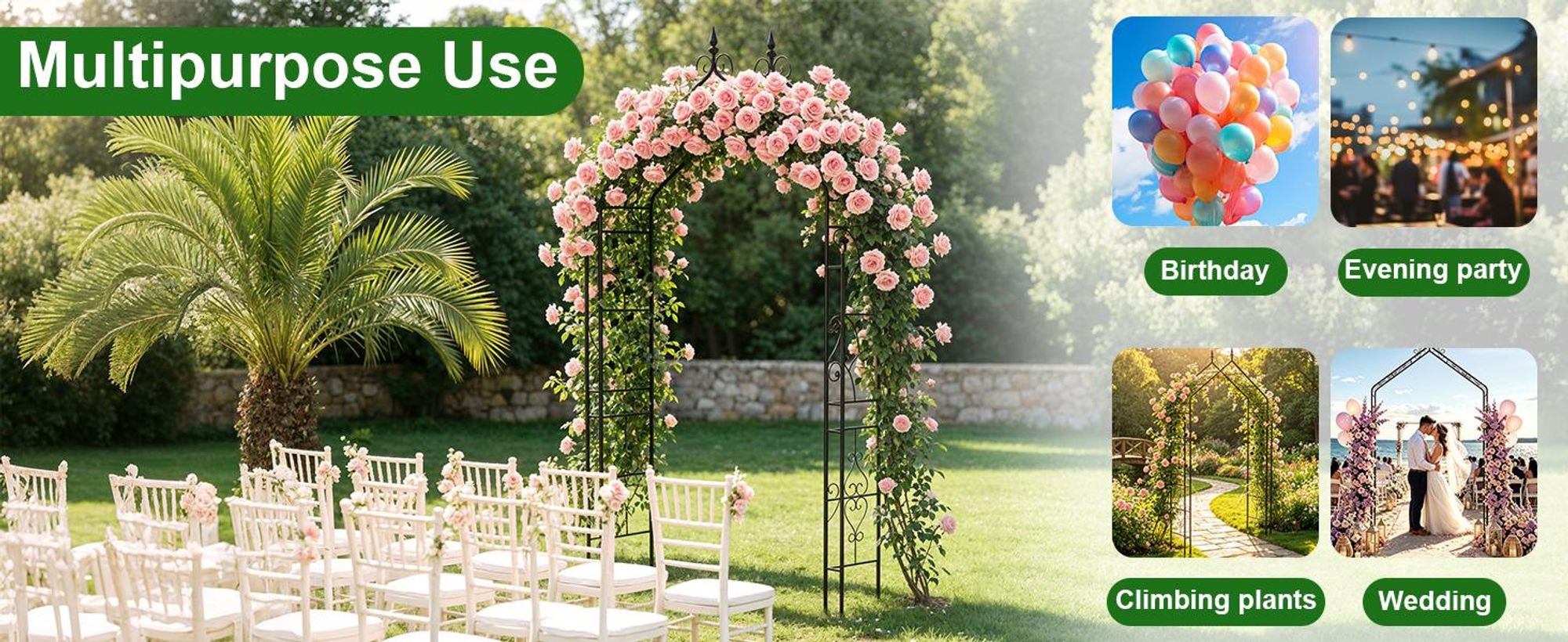 WISFOR Rosenbogen Metall Gartenbogen Rankbogen Rankhilfe 260cm Schwarz Spitzdach
