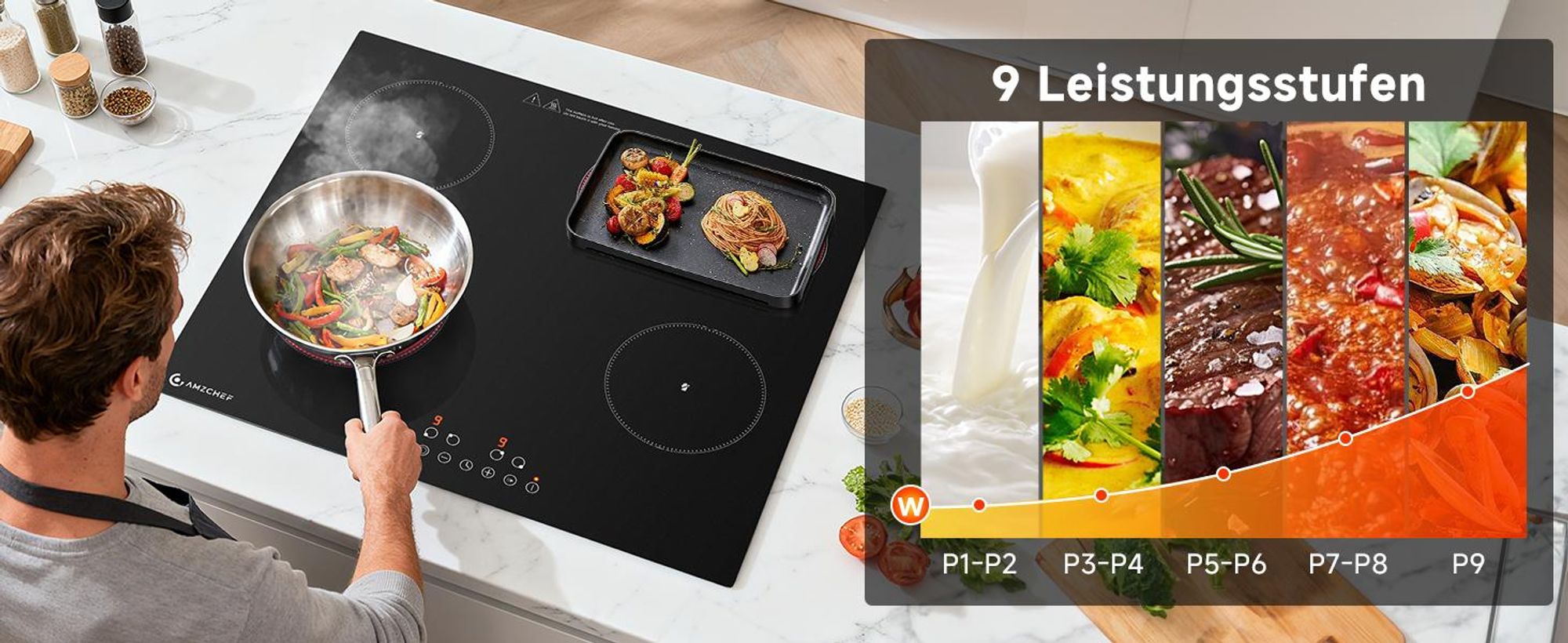 AMZCHEF Glaskeramikkochfeld 60 cm, 4 Zonen, 7200 W, 9 Leistungsstufen, Dual- & Ovalzone, Touch-Control, Timer, Kindersicherung